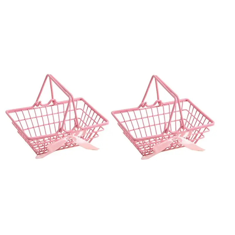 Y51A Storage Basket Pink Shopping Basket 2Pcs Metal Storage Box with Ribbon Bow for Photo Props Home Decor Medium 18.5x13.5x9cm