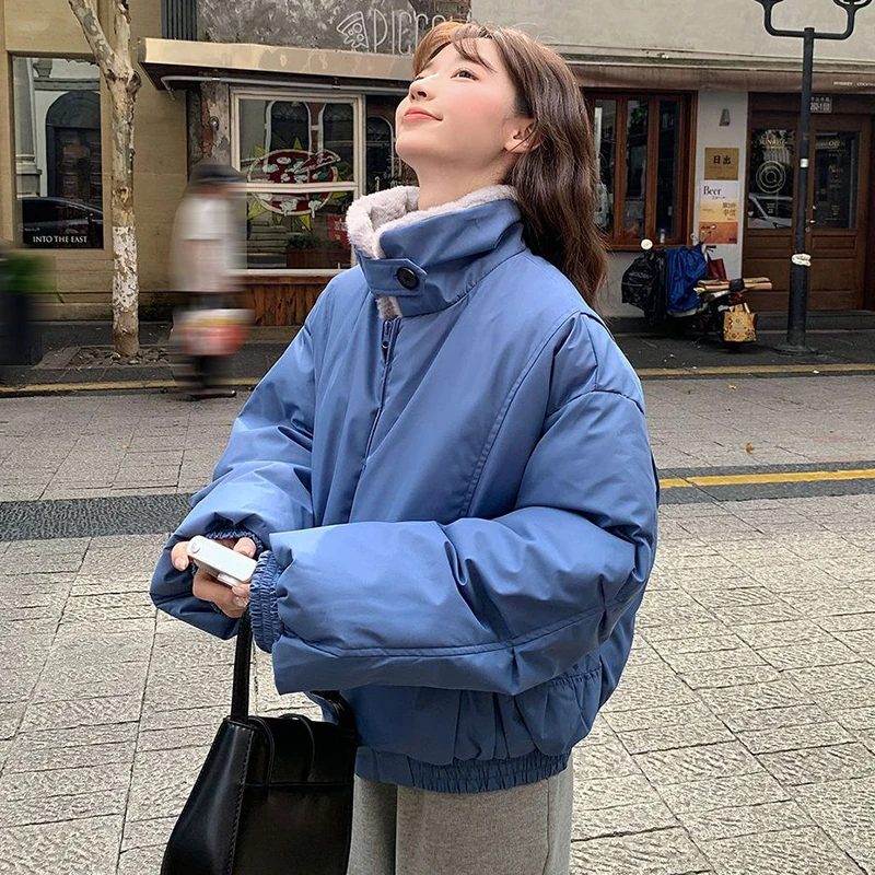 Parkas de muy buen gusto coreano para mujer, abrigos hinchados informales holgados y cálidos con bolsillo y cremallera, prendas de vestir de manga larga con cuello de piel dulce de retazos, novedad