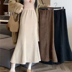 Vintage Elegant Mermaid Long Skirts Autumn Winter High Waist Elastic Commute Female Clothing Solid Color Korean Bag Hip Skirts