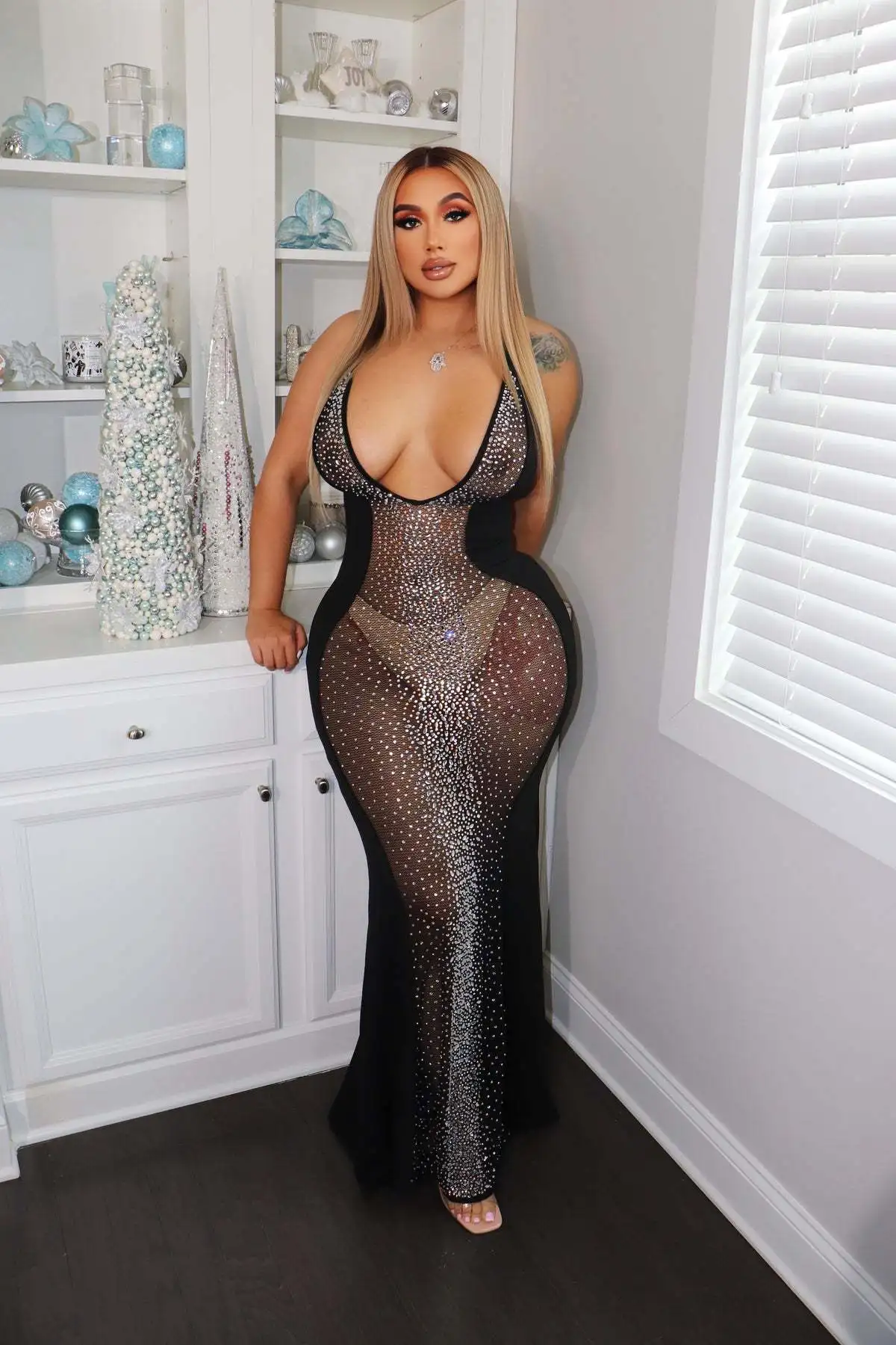 EINYOO Chic élégant femmes maille diamants longues robes col en v profond fête transparent robes de mariage femme vêtements de soirée Y2k