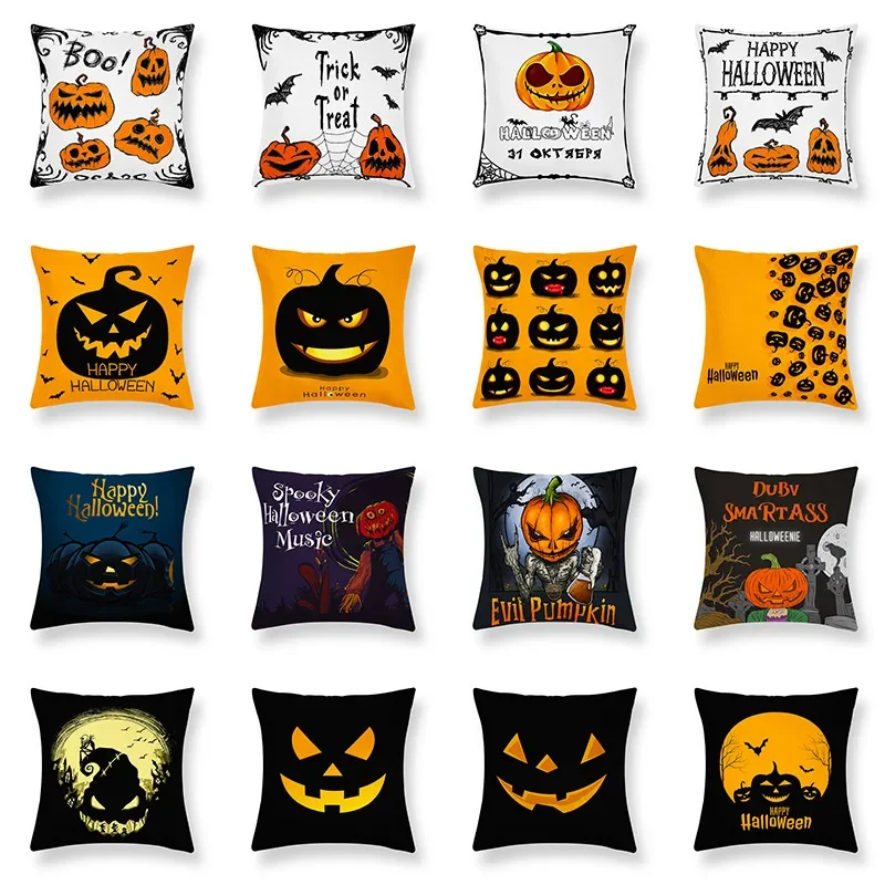 

Halloween Pumpkin Prop Pattern Printed Square Pillowslip Polyester Cushion Cover Peach Skin Pillowcase Living Room Home Decor