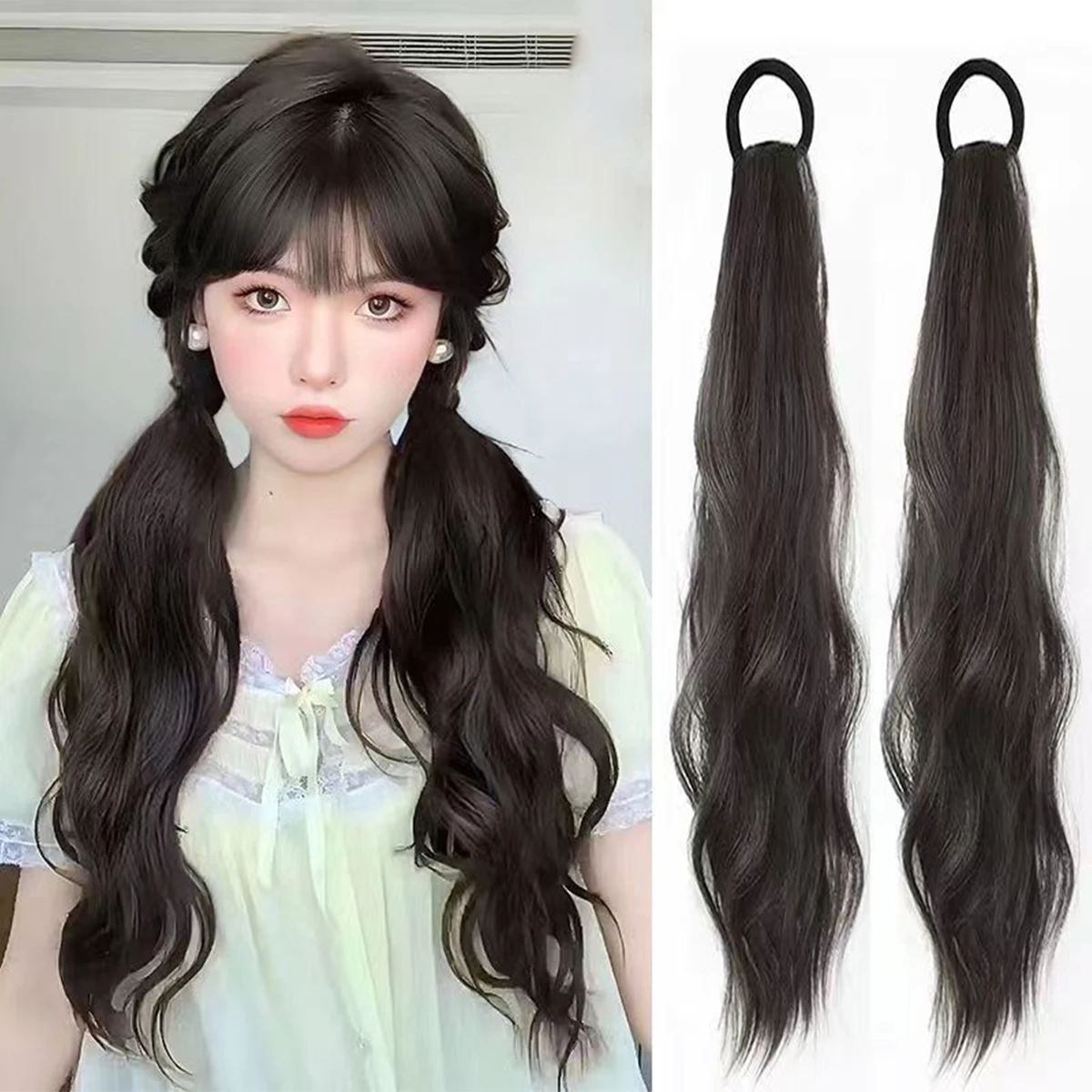 شريط مطاطي اصطناعي ذيل حصان امرأة حلوة سوداء مجعد قليلا ذيل حصان تمديد طويل مقاومة للحرارة شعر مستعار الأسيتالديهايد #2