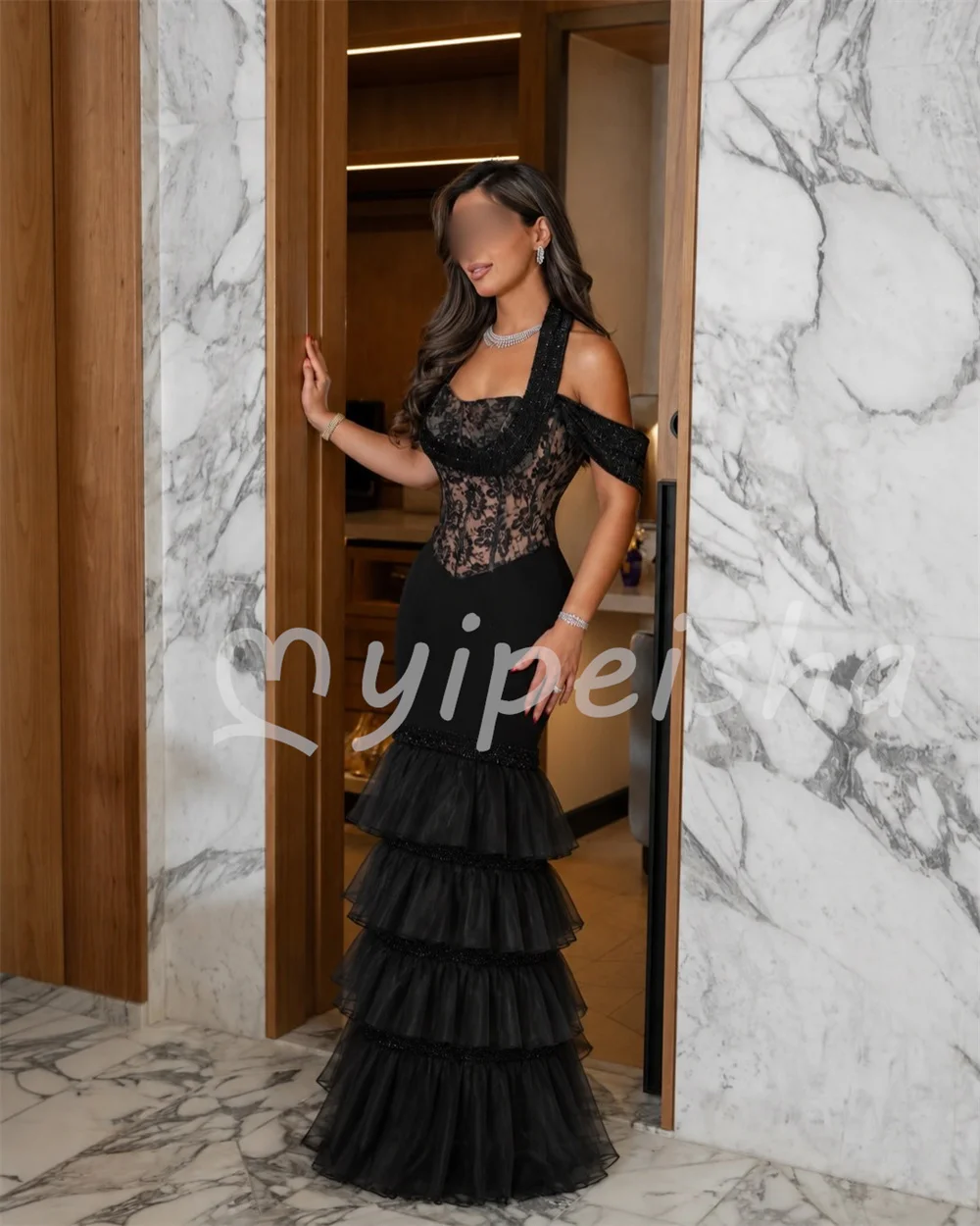 Intricate Luxury Black Beading Sequined Pleat Tiered Tulle Mermaid Halter Floor-Length Evening Dresses for Woman Customized