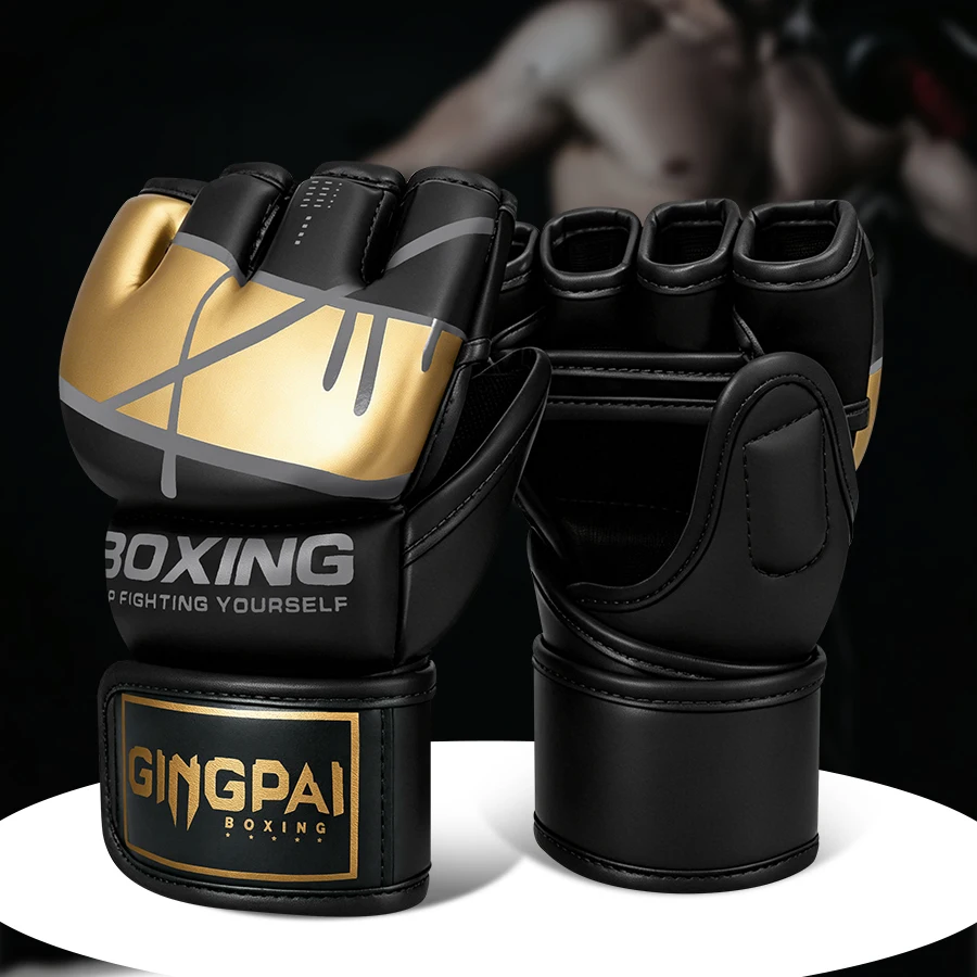 Half Finger Boxing Gloves PU Leather MMA Fighting Kick Boxing Gloves Karate Muay Thai Training Workout Gloves Men