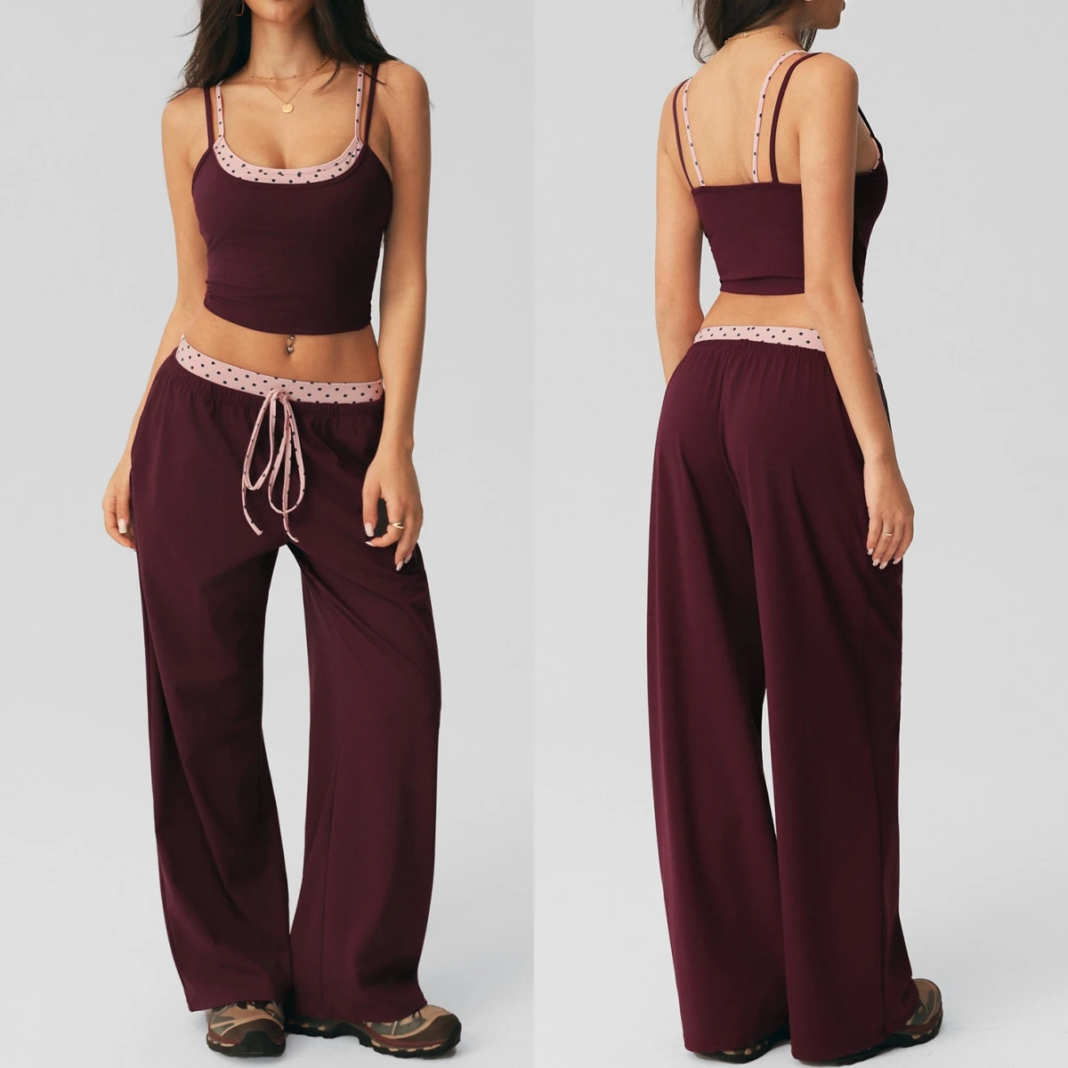 Women 2 Piece Yoga Set Polka Dot Fake Two-Piece Cami Crop Top Drawstring Wide Leg Pants Gym Workout Set Loungewear Sports Outfit