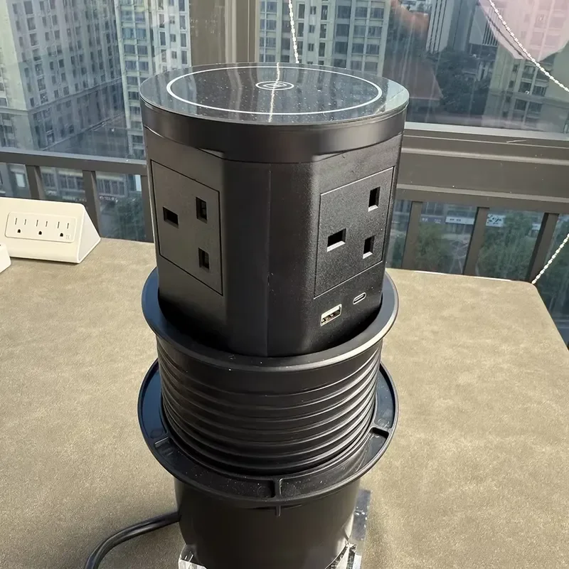 Black Hydraulic Pop Up Power Socket with 4 USB Ports and Wireless Charger UK Standard Desktop Kitchen Outlet Station for Home