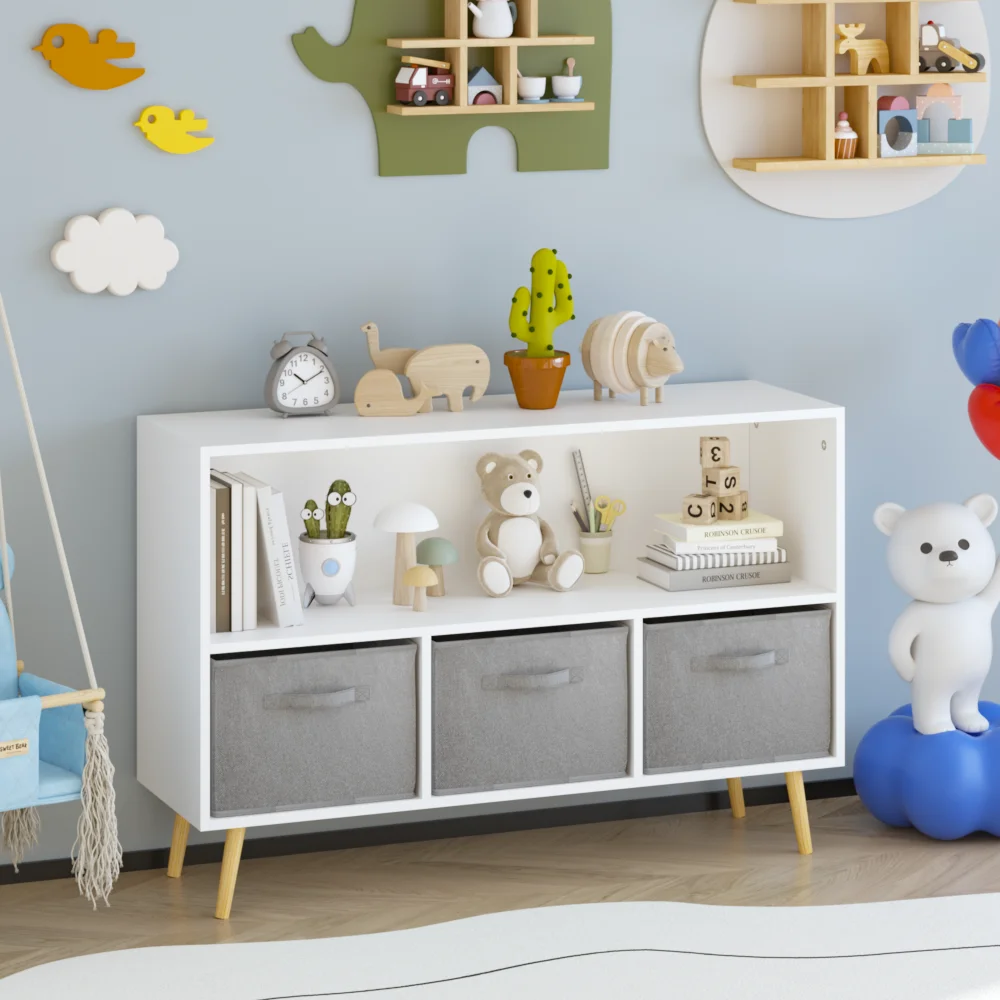 

Kids Bookcase with Collapsible Fabric Drawers Children's Book Display Toy Storage Cabinet Organizer White/Gray