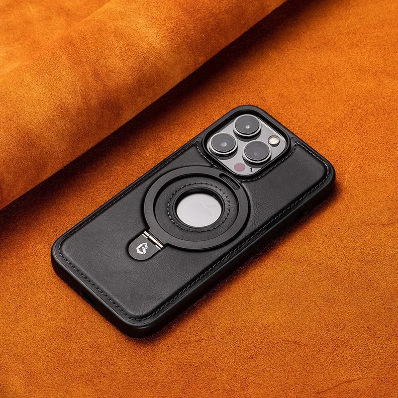 Luxury Magnetic Bracket PU Leather Phone Case,For iPhone Series 16 15 14 13 Pro Max Magsafe Wireless Charging Hollow Logo Cover image 6