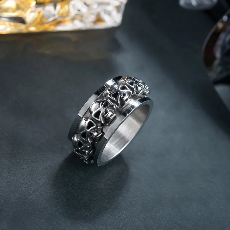 Men Skull Rotatable Ring Stainless Steel Multi‑Skull Spinner Ring Vintage Punk Biker Finger Ring Gothic Party Jewelry Gift