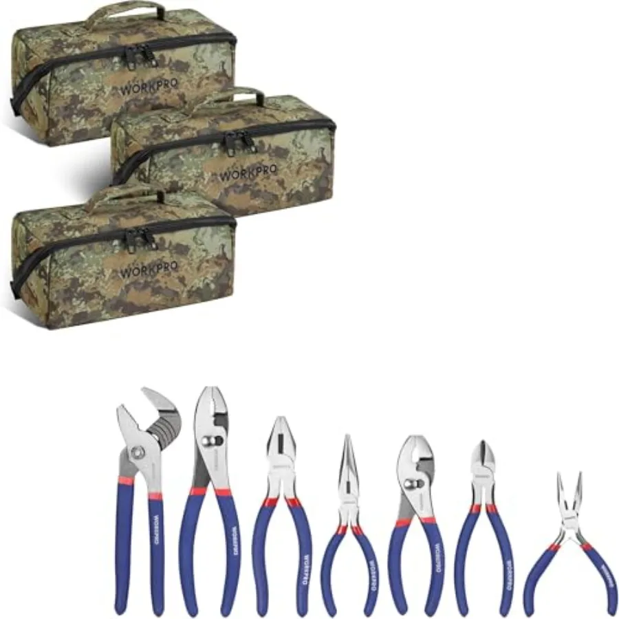 

Набор из 7 плоскогубцев с рифлеными губками и 10-дюймовая универсальная сумка для инструментов с широким отверстием и усиленным креплением