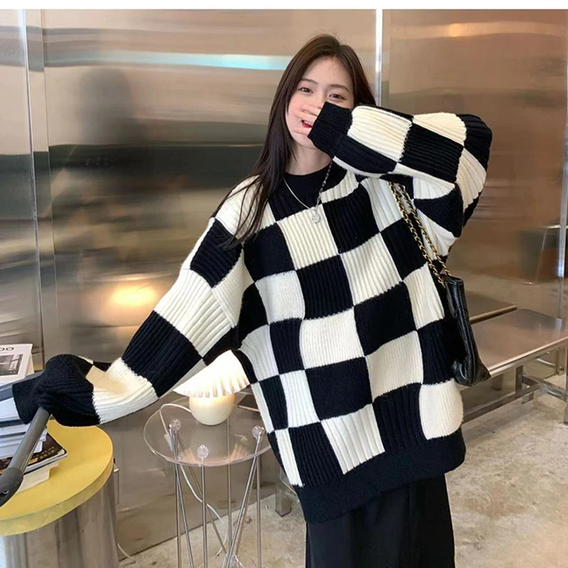 Gidyq Women Checkerboard Knitted Sweater Autumn Korean Casual Warm Loose Long Sleeve Top Female Streetwear All Watch Jumper New