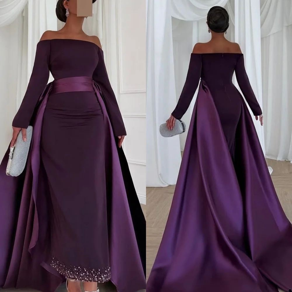 

Customized Matching Exquisite Jersey Beading Sequined Sash A-line Off-the-shoulder Midi Dresses Bespoke Occasion Dresses Retro