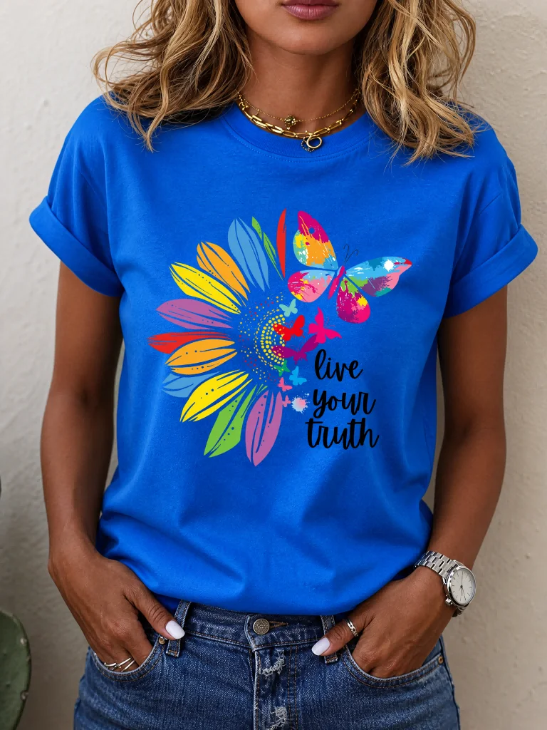 ilstile  Live Your Truth LGBTQ Pride 2026 Women T-Shirt Rainbow Sunflower Butterfly Graphic Tee Casual Short Sleeve Summer Top