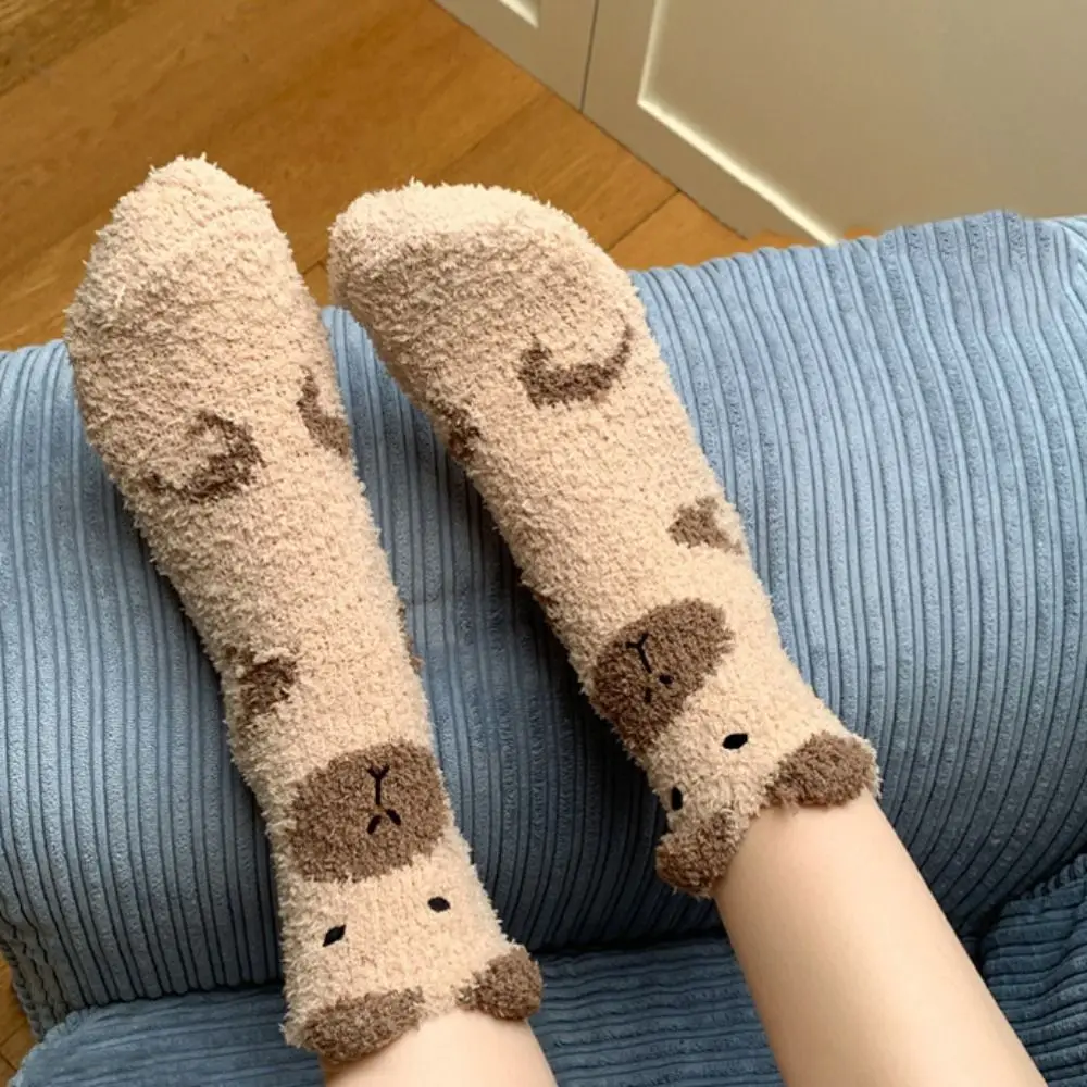 

5Pairs Sweet Plush Capybara Fleece Socks Warm Thicken Sleeping Socks Women Kawaii Hosiery Coral Fleece Socks Women