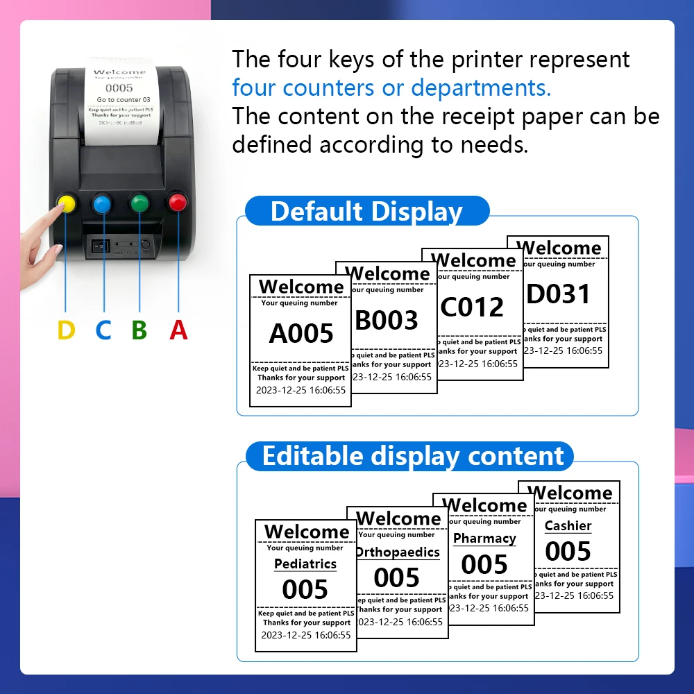 58mm 4-Way Take A Number Machine Ticket Thermal Printer With Paper Roll Show Different Department Name and Queue Number
