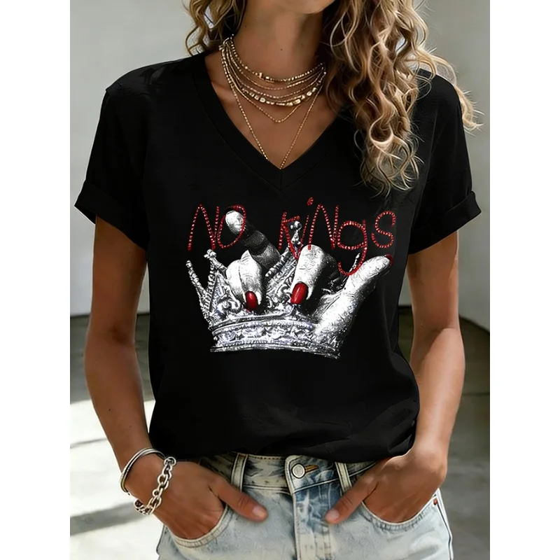 Women's No King Pattern Art Print Tops Retro V-Neck Short-Sleeve T-Shirts
