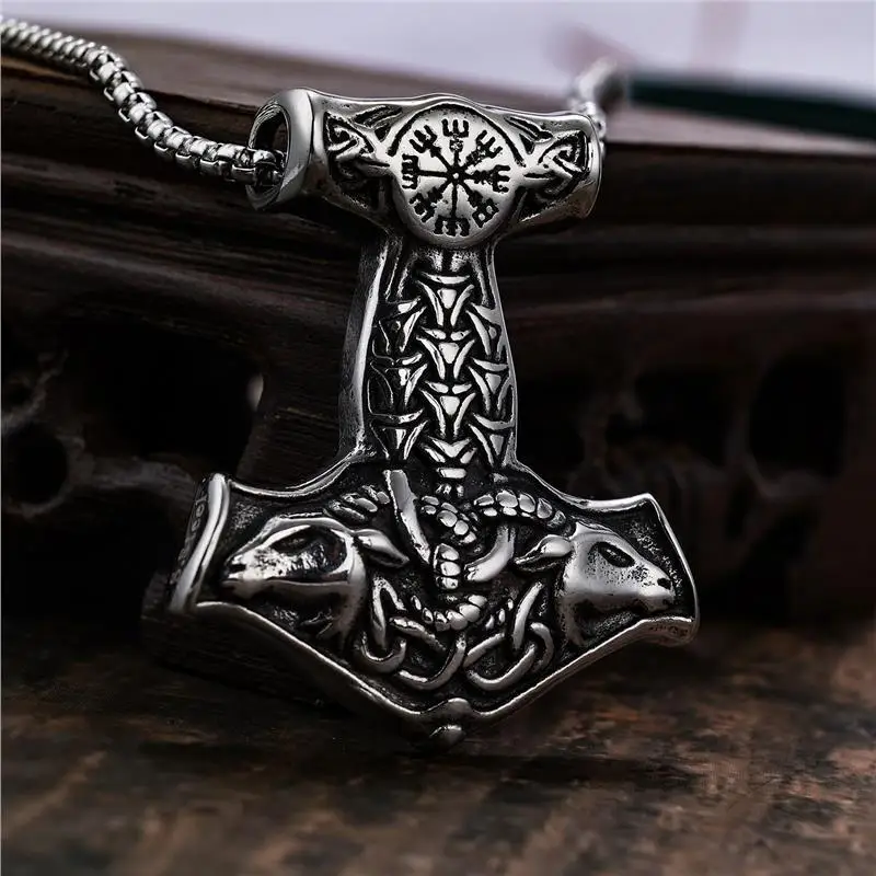 Retro Punk Nordic Mythology Ax Compass Double Sheep Head Pendant Necklace Men's Personalized Gothic Trendy Cool Jewelry