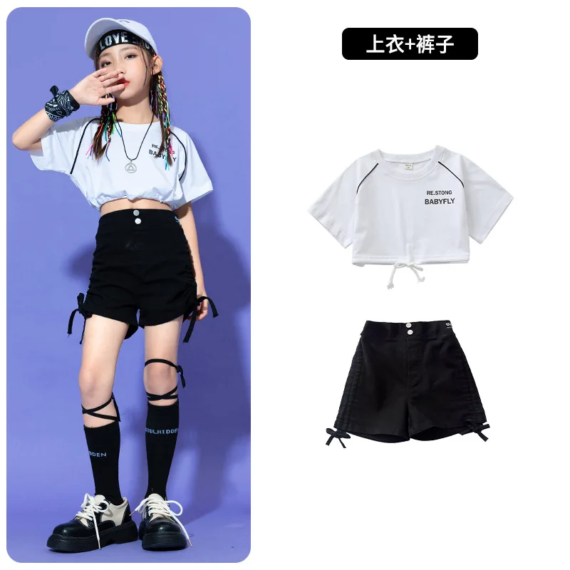 Conjuntos de ropa de Jazz de Hip Hop para niñas, Top corto de manga corta con letras blancas y pantalones cortos, trajes de baile callejero para adolescentes, trajes de actuación para niños