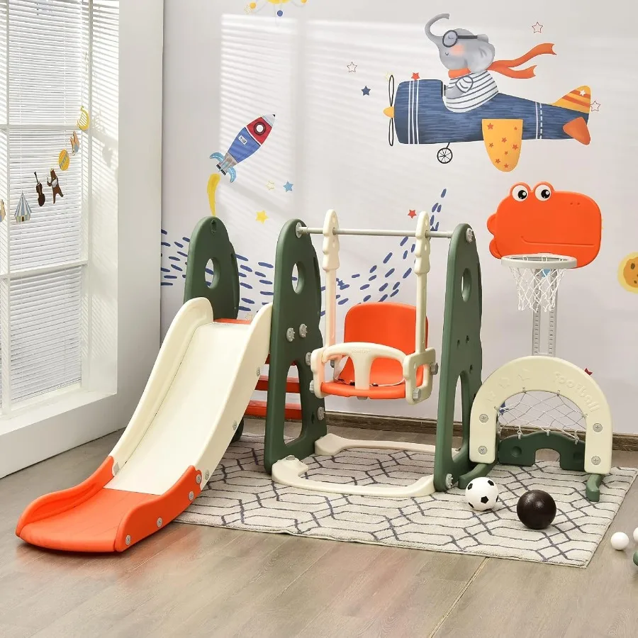 Ensemble de jeu de toboggan et de balançoire pour tout-petits 6 en 1, grand jeu de toboggan grimpeur avec panier de basket-ball, porte de Football et aire de jeux de trous de Golf Swin
