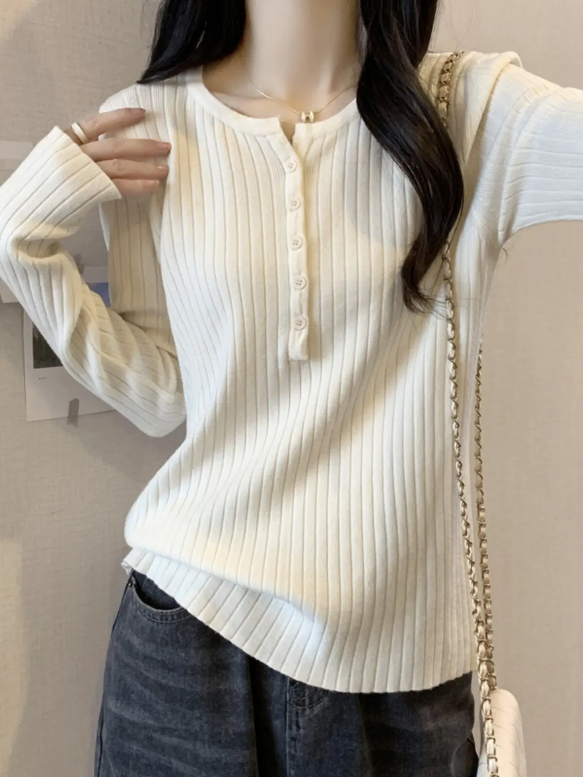 

Женская облегающая футболка Ele Long Sve в корейском стиле, трикотажная, из смесового хлопка и полиэстера, для ношения как нижнее или верхнее белье, подходит для весны