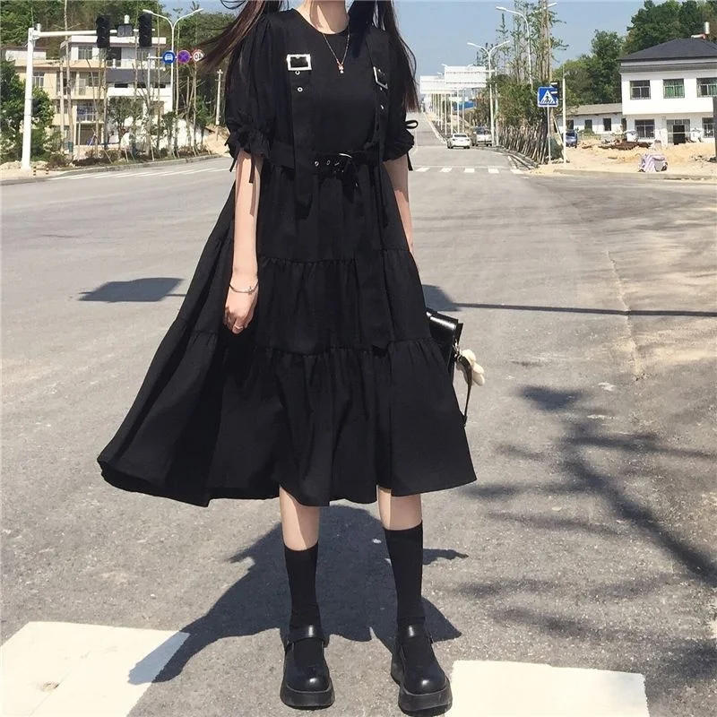 Japanse Harajuku Vrouwen Black Midi Jurk Gothic Stijl Bretels Bandage Jurk Vintage Ruches Lange Baggy Cosplay Kostuum