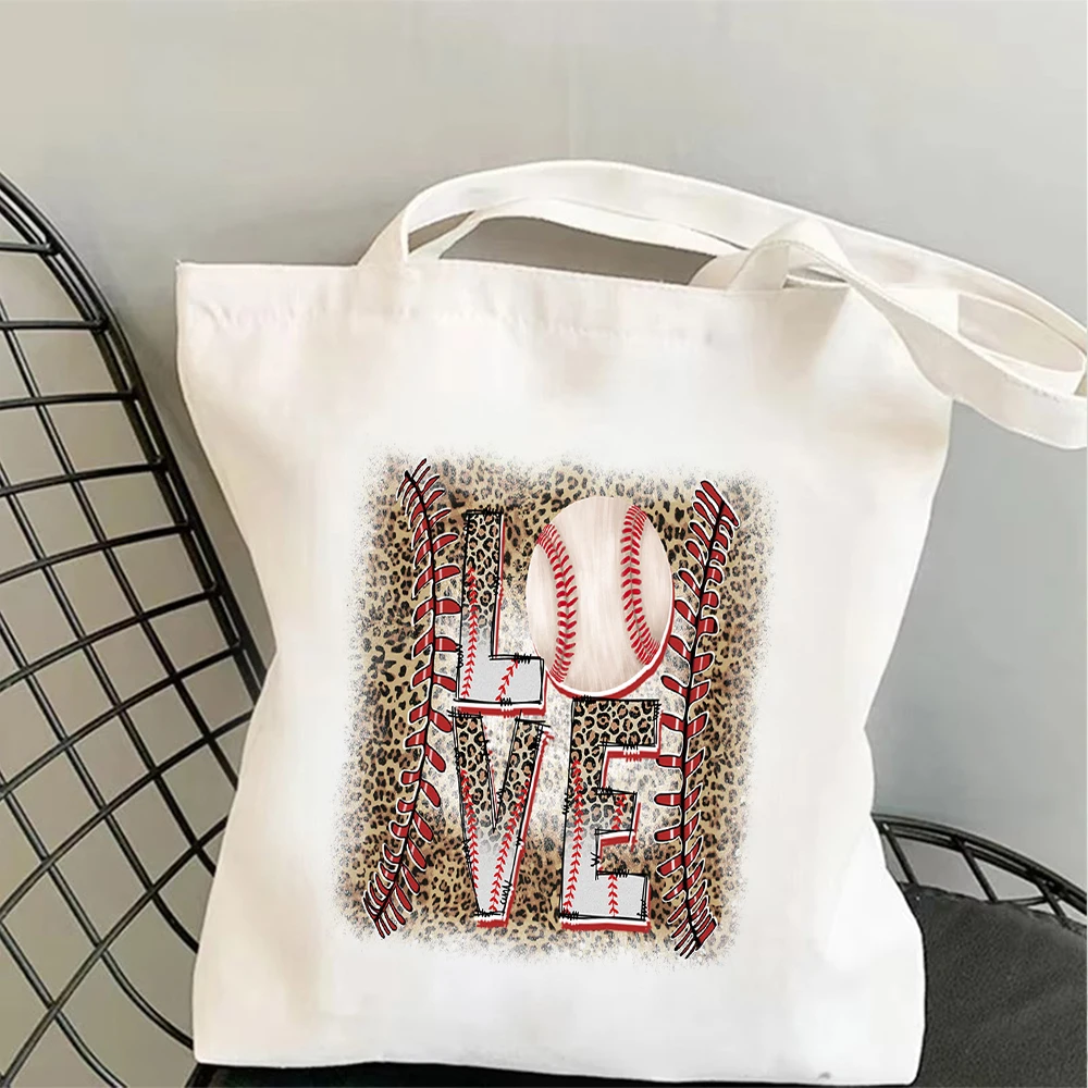 Leopard Baseball LOVE & Vibes Printed Canvas Tote Bag Eco Friendly Large Shopper Bag For Sports Lover Daily Commuter Workout