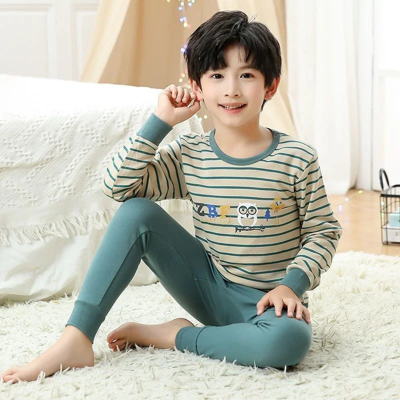 Children's Set 2 Pack Long Johns Print Round Collar Boys Spring and Autumn 100% Cotton Underwear Pajamas Long-sleeved Trousers