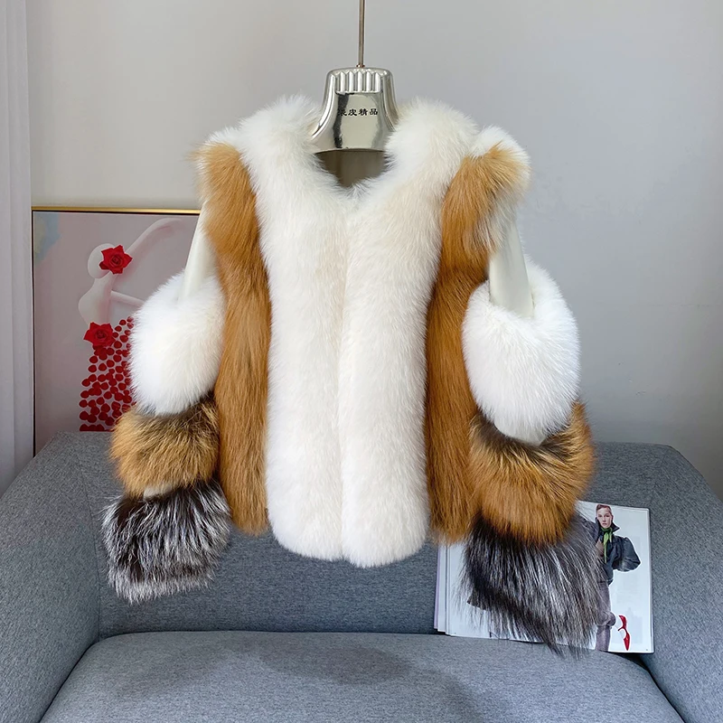 Real Natural Fox Fur Jacket Winter Plush Red Fox Fur Coat Female Women Luxury Genuine Silver Fox Short Coat Full Sheep skin