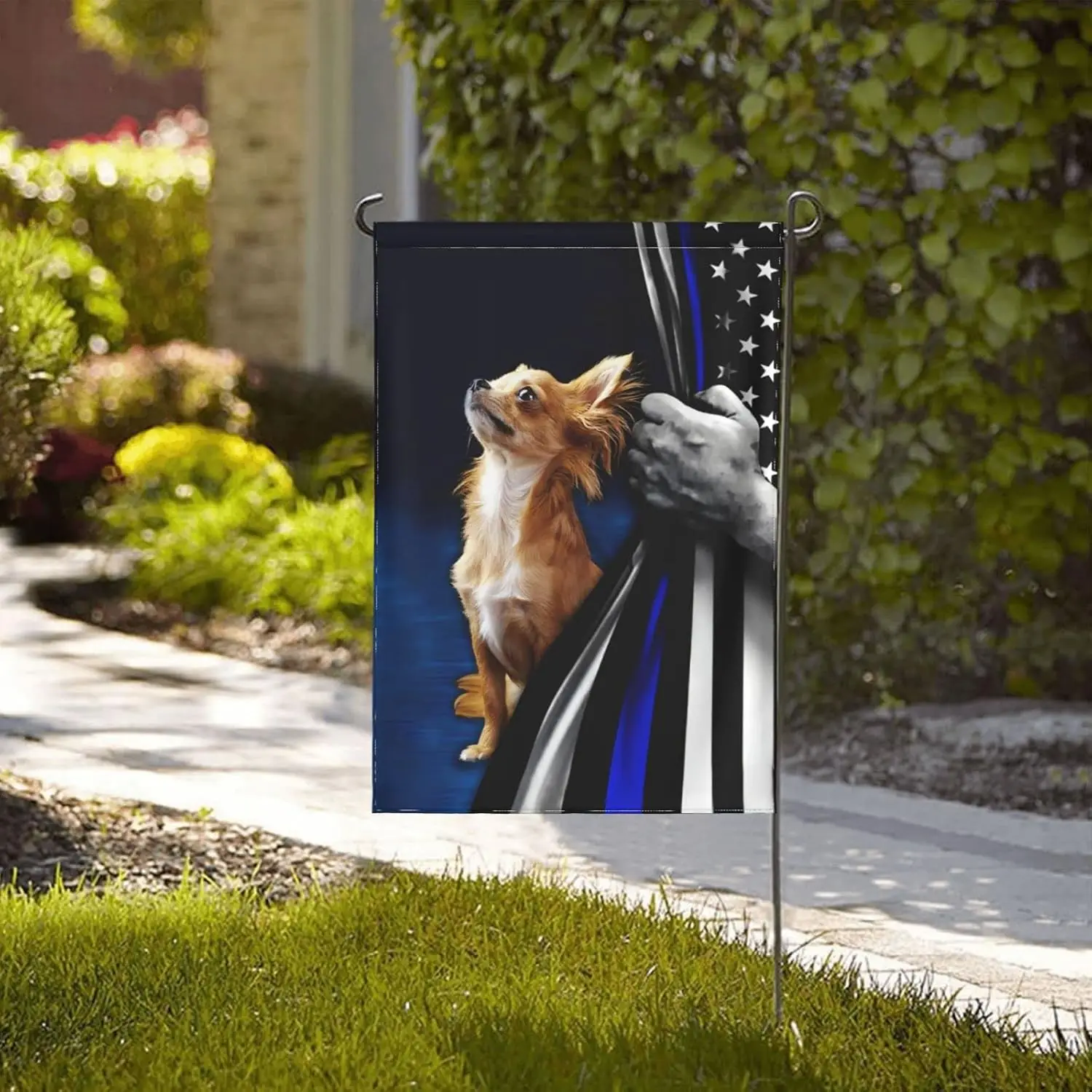 Chihuahua Police Dog Thin Blue Line Christian Cross Flag Garden Flag 12.5