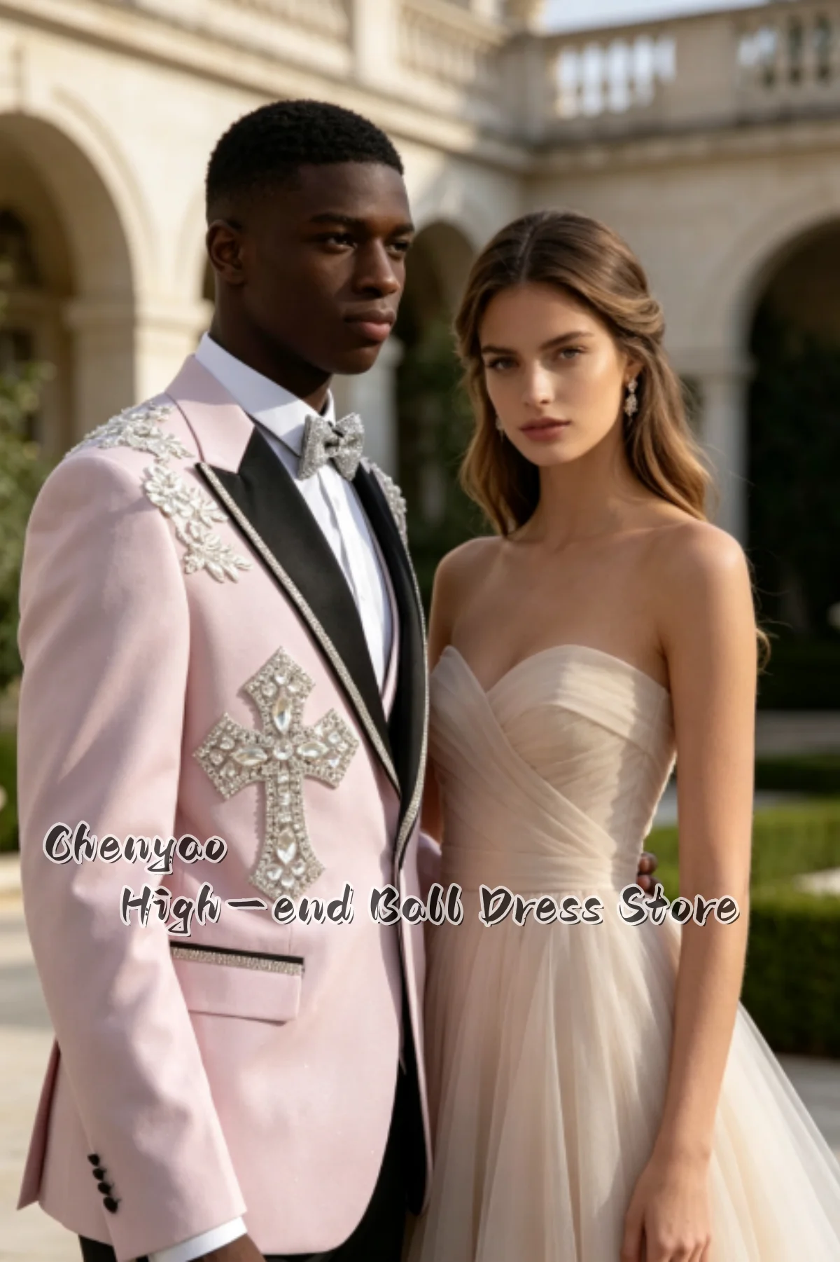Luxury Crystal Cross Applique Shoulder Floral Embroidery Men Suits Customized Groom Tuxedo Wedding Male Blazers 3Pcs ropa hombre