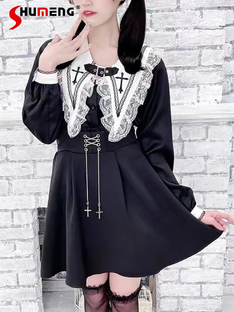 Japanese Style Lolita Sweet Cross Embroidery Blouse Female 2023 New Cute Mine Mass-Produced Slimming Long Sleeve Shirts Ladies