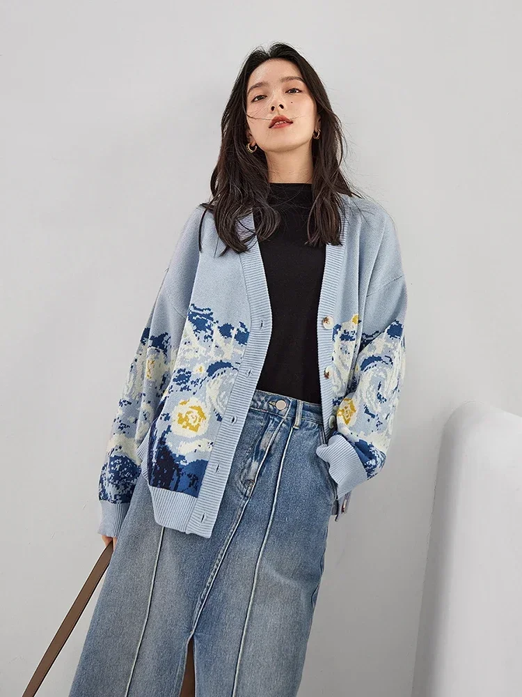 Winter Women's Thick V-neck Knitted Sweater Coat Casual Oversize Cardigan Designer Print Jumpers for Female Fashion