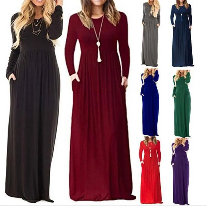 Women Long Sleeve Maxi Long Dress Autumn Spring Female Tunic Pocket Maxi Party Vestidos KTJCK-7131