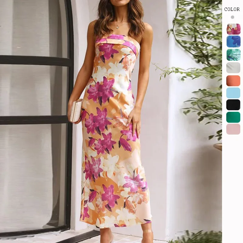 Spring Summer New Style Satin Women Fashion Printed Dress Sexy Backless Strapless Lady Banquet Party Dresses