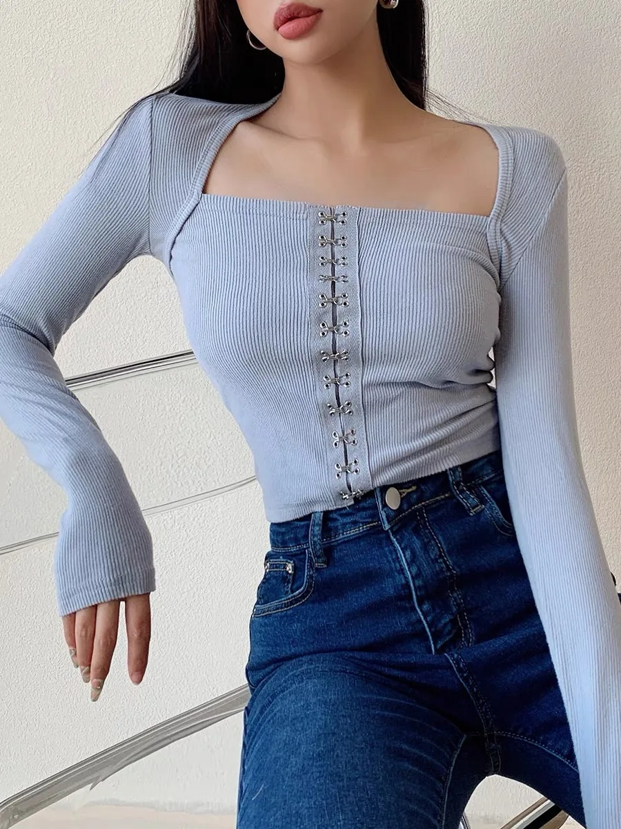 Y2K Women Square Neck Hook And Eye Rib Corset Long Sleeve T-shirt  Crop Tops Tight Tee