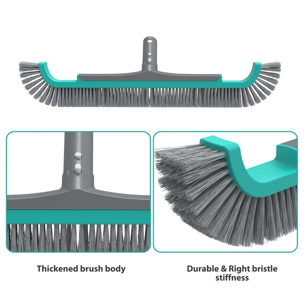 20 Inch Curved End Pool Brush with Extended Side Bristles Durable Aluminum Handle In Ground Above Ground Pools Spas Tubs