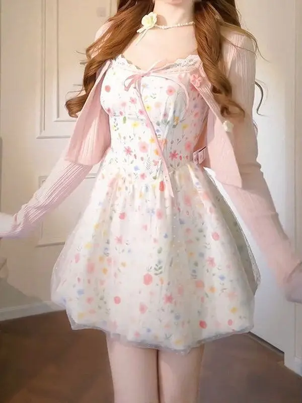 Sweet Blossom Print  Dress with Sweater And Strap Vest Two Piece Set for Girls Autumn Collection Soft Medium Fabric