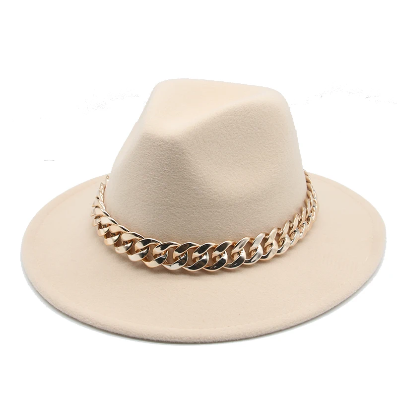 Fedora Hats for Women Men Wide Brim Thick Gold Chain Band Felted Hat Jazz Cap Winter Autumn Panama Red Luxury Hat Chapeau Femme