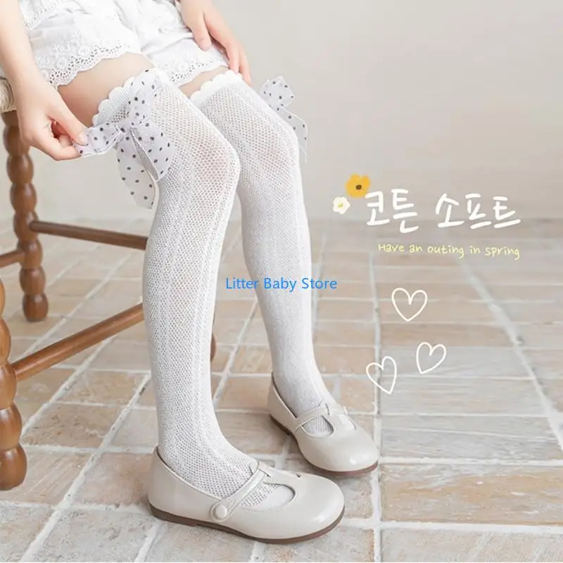 N80C Baby Girls Long Tube Socks Bowknot Knee Length Stockings for Special Occasion