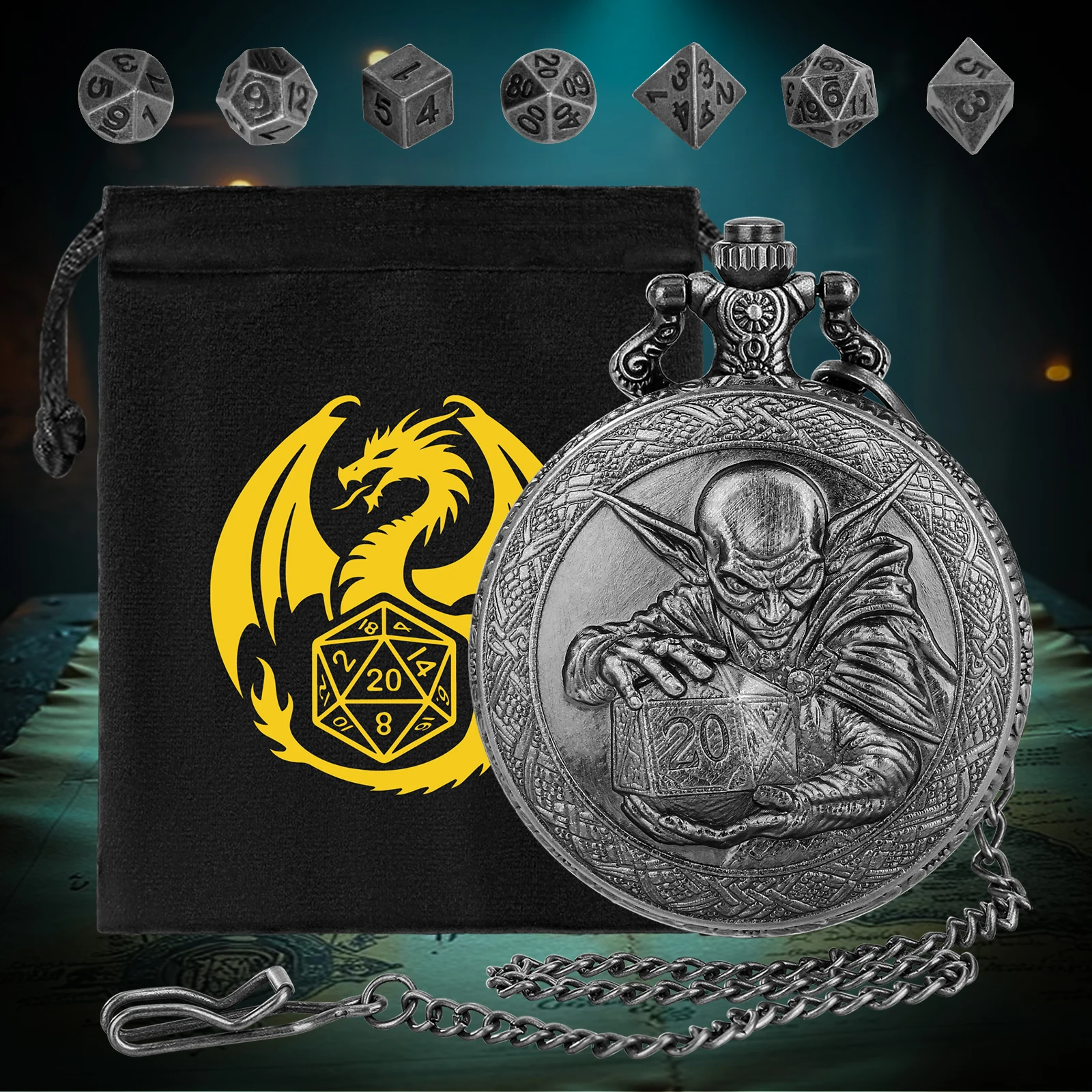 

5pcs Wholesale D20 Kobold Pattern Metal Pocket Watch Case Mini Dice Set Gift for Party Tabletop Gaming Accessories Board Game