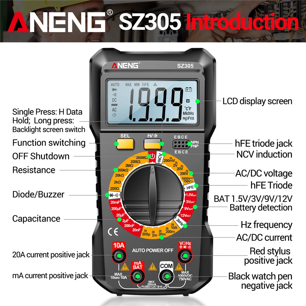 ANENG SZ305 1999 Count Professional Multimeter AC/DC Voltage Tester Ammeter Capacitor hFE Triode Hz Detector Electrician Tool