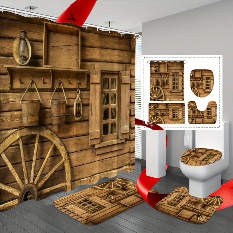 pcs Wooden House Printed Shower Curtain Set, Decorative Bathroom Full Set Including Waterproof Shower Curtain With Hooks, Non