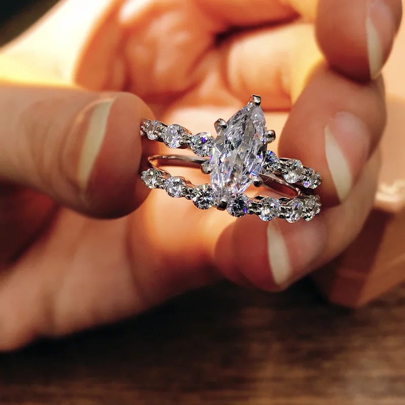 Huitan New Fashion Design Marquise Cubic Zirconia Set Rings for Women Modern Trend Bridal Wedding Earrings Sparkling Jewelry