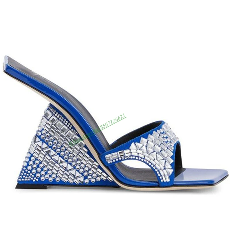 Square Toe Wedge Rhinestone Slippers Luxurious Shaped Heel Open Toe Ladies Sandals Women Shoes