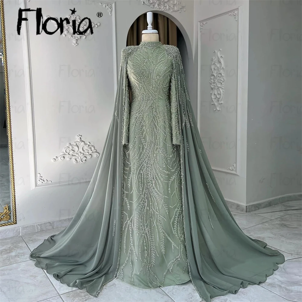 Customized Long Cape Sleeve A Line Evening Dress Middle East Muslim Women Wedding Party Gowns Formal Night Dinner Gown Plus Size