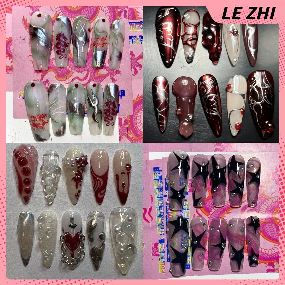 Spice Girl Handmade Fake Nails Gothic Chinese Dragon Custom Size Irregular Line Design Reusable Full Cover Nail Party Stickers