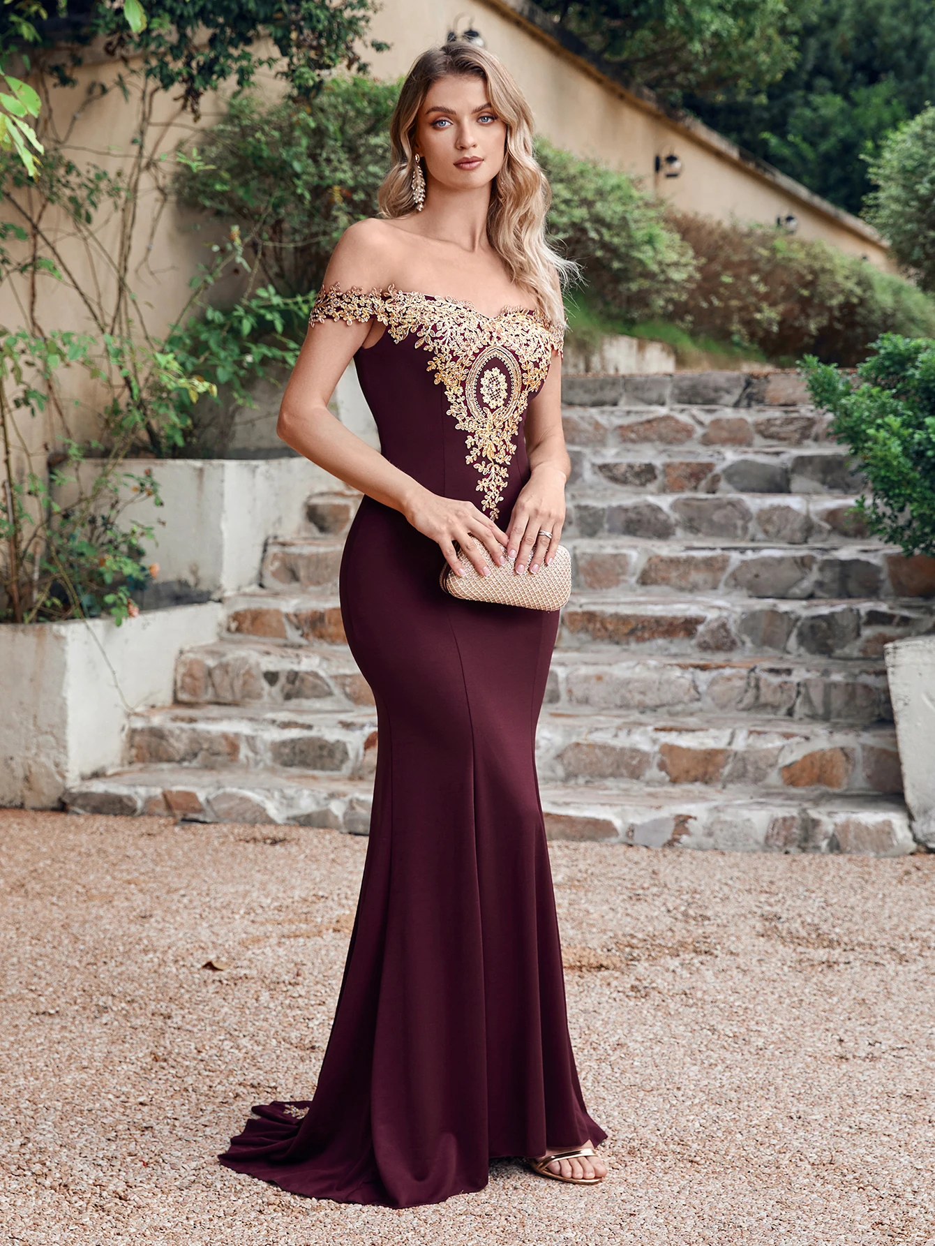 MisShow Gold Lace Mermaid Bodycon Maxi Women Dress Burgundy Rose Gold Bandage Female Dresses for Christmas New Year Party Dress