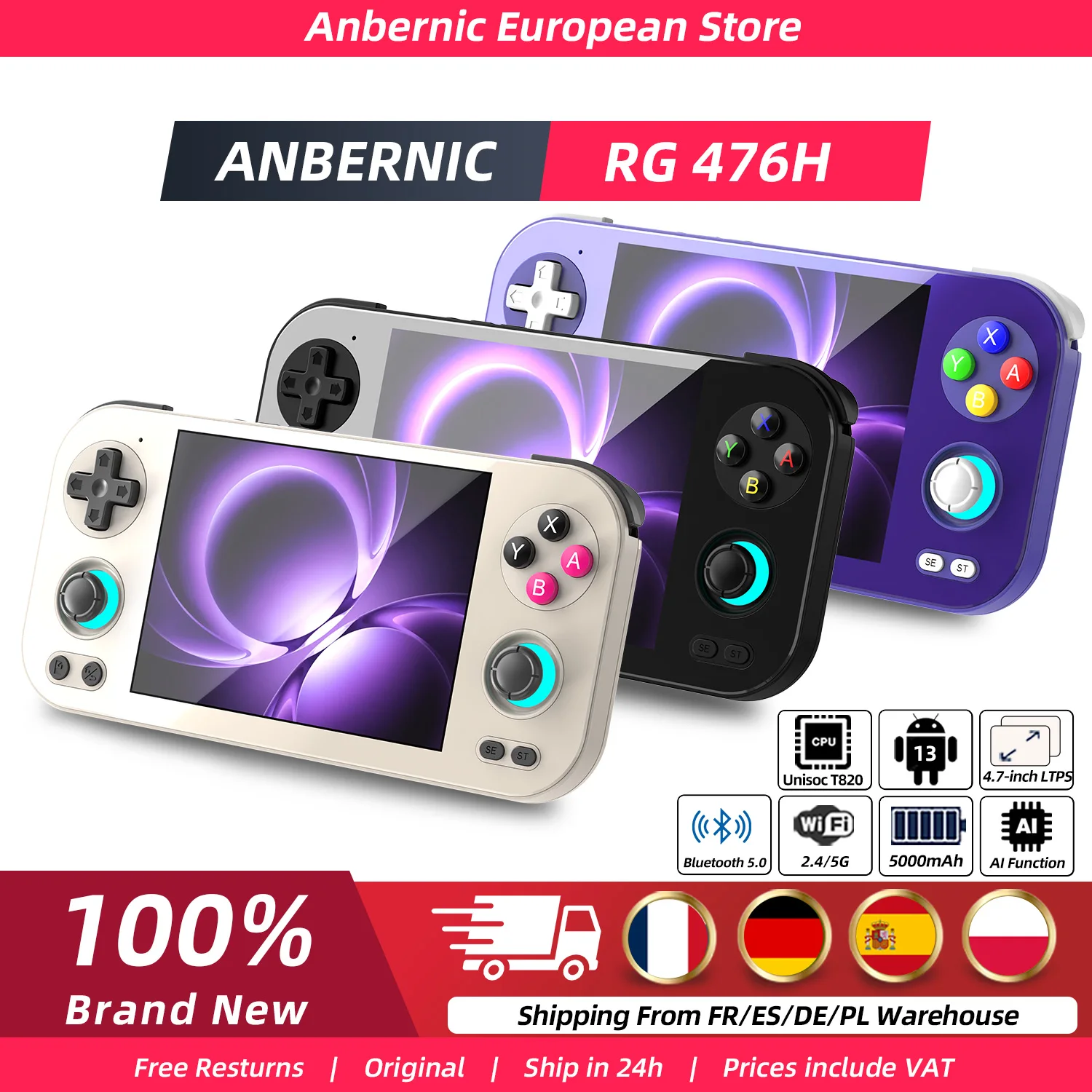 Consola de Juegos Retro Portátil Anbernic RG476H, Pantalla LTPS Integrada de 4.7 Pulgadas, Android 13, Almacenamiento UFS2.2 de 128 GB, Joystick 3D con IA, WiFi, Bluetooth