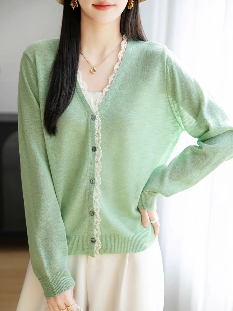 Sweet Sle Cardigan da donna con protezione solare in rayon di bambù V-Ne lavorato a maglia leggera Cappotto lungo a tubo dritto con vestibilità primaverile