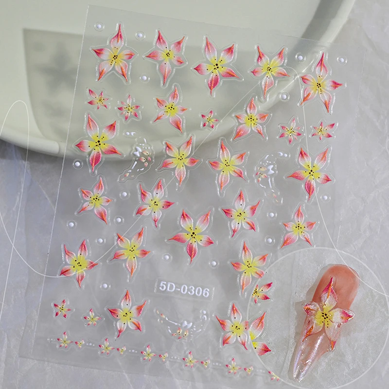 Colorful Lily Flower Nail Sticker Relief 3D Jelly Five Petal Flower Nail Art Decoration Decals DIY Self Adhesive Sliders